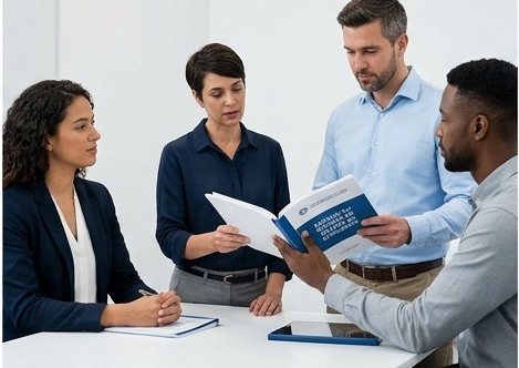 Consultora conduzindo treinamento sobre os requisitos da norma